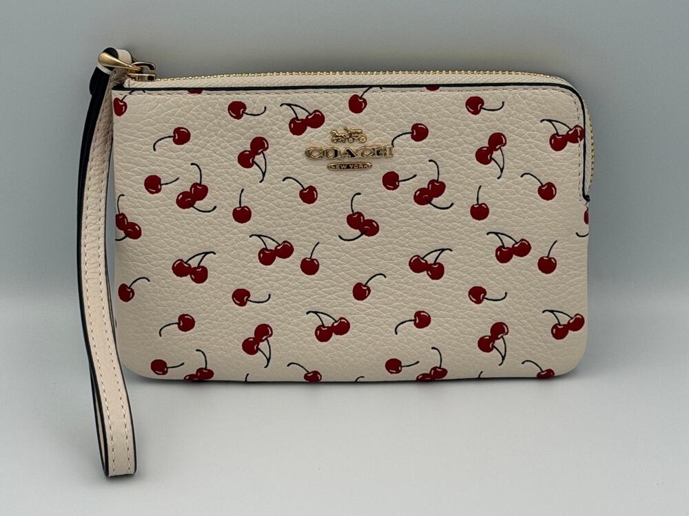 NWT Coach Corner Zip Wristlet With Cherry Print Chalk Multi Pebble Leather CEX82